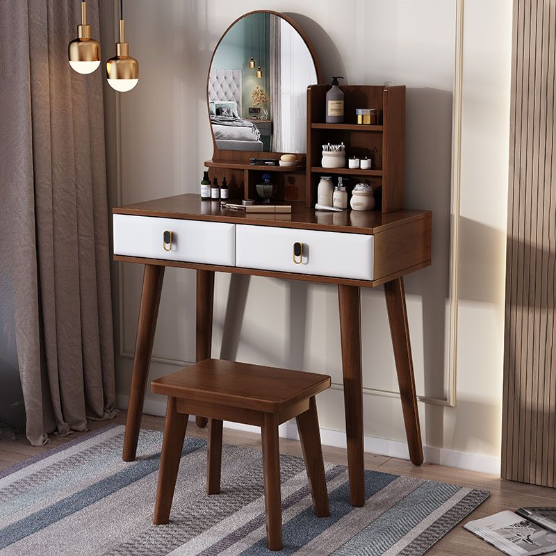 Mirror Table Dressing Table Solid Wood Make-up Vanity with 2-Drawers