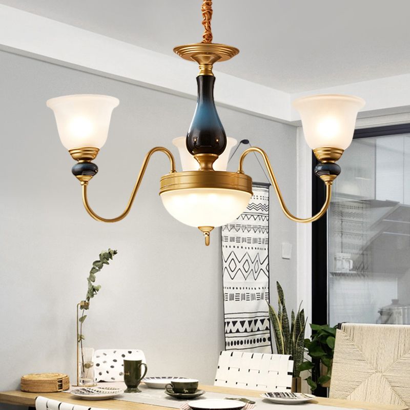 3/5/6 Lights Floral Shade Pendant Chandelier Countryside Style Brass Cream Glass Suspension Lamp