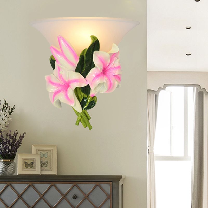 Frosted Glass Flared Wall Light Rustic 1 Light Living Room Wall Mounted Light with Pink Flower Decoration