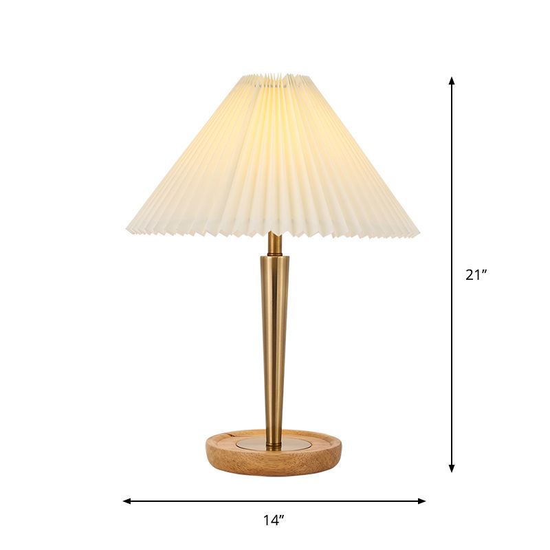 1-Head Night Table Lamp Countryside Conic Pleated Fabric Task Lighting with Wood Round Pedestal in Gold