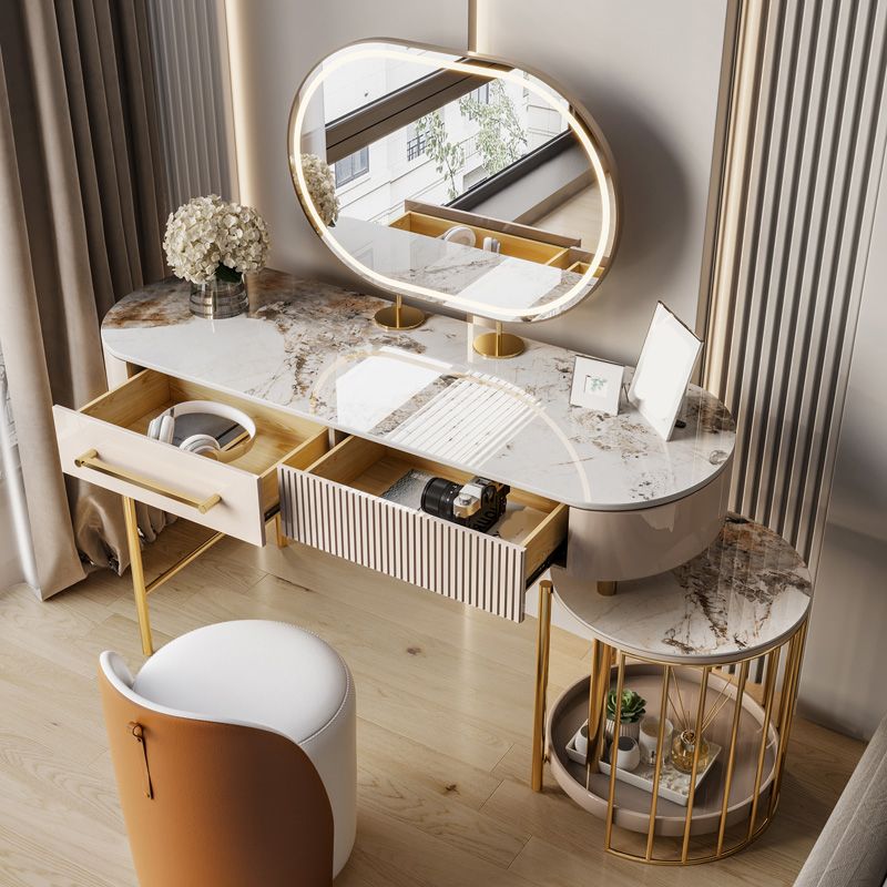 Luxurious Metal Vanity Set with Padded Stool in Beige Vanity