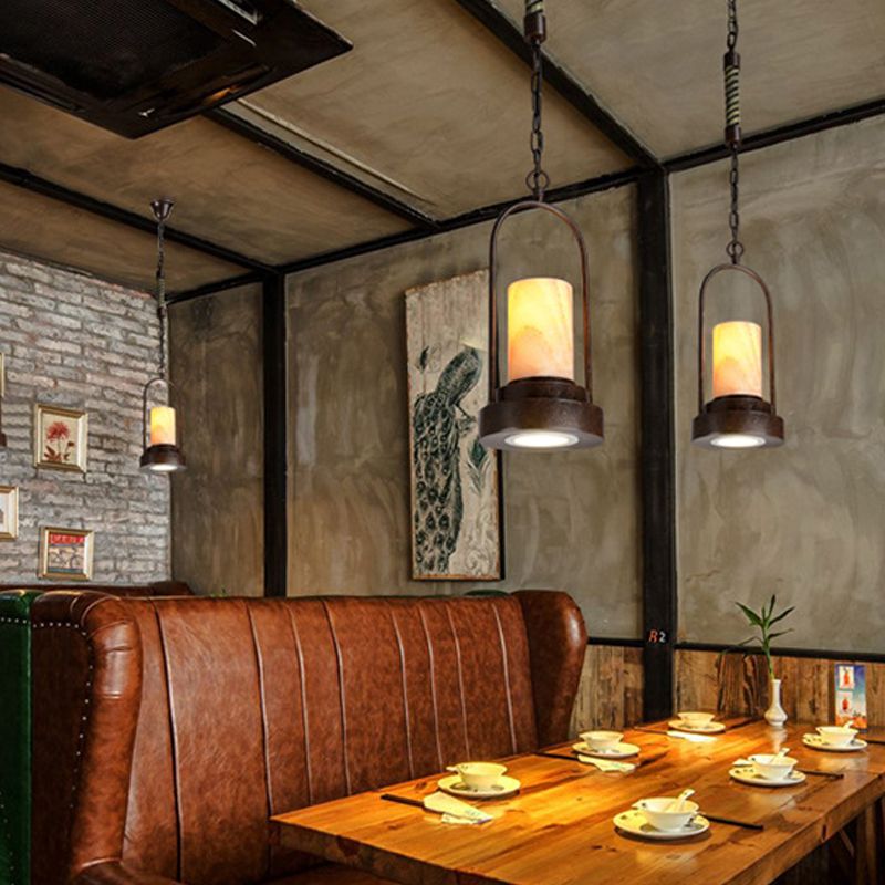 Marble Cylinder Pendant Lamp Factory 1-Bulb Dining Room Hanging Lighting in Rust with Metal Ring Deco