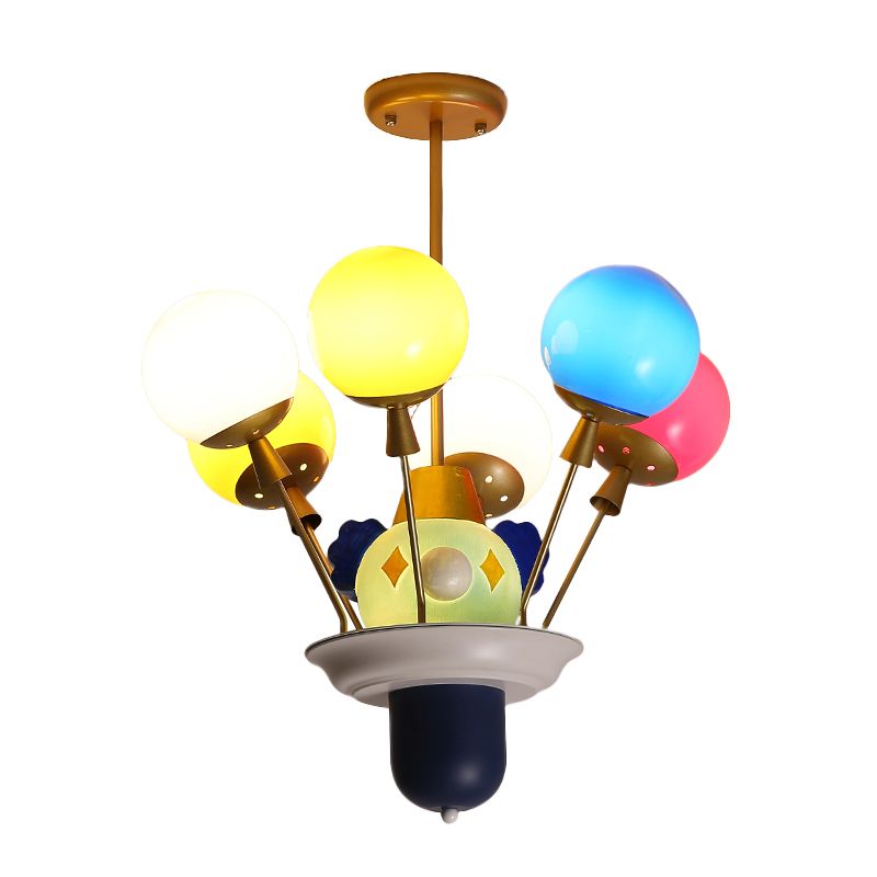 Clown and Balloon Chandelier Kids White/Blue-Pink-Yellow Glass 6 Bulbs Play Room Hanging Pendant Light