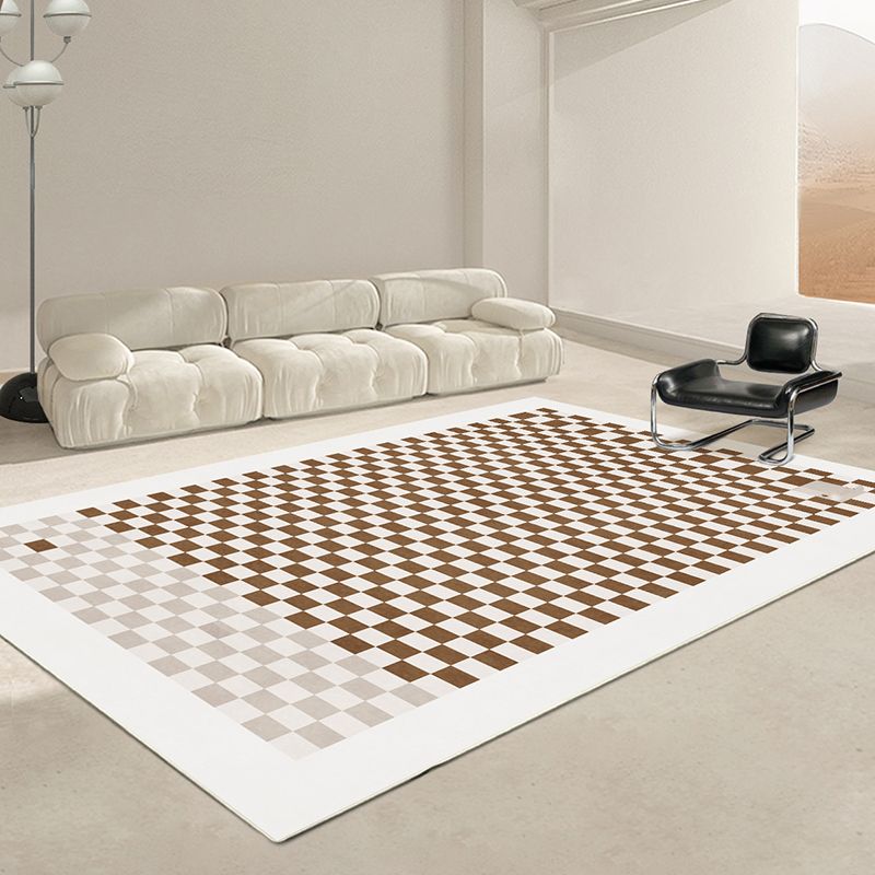 Brown Square Grid Rug Blended Modern Rug Washable Rug for Living Room