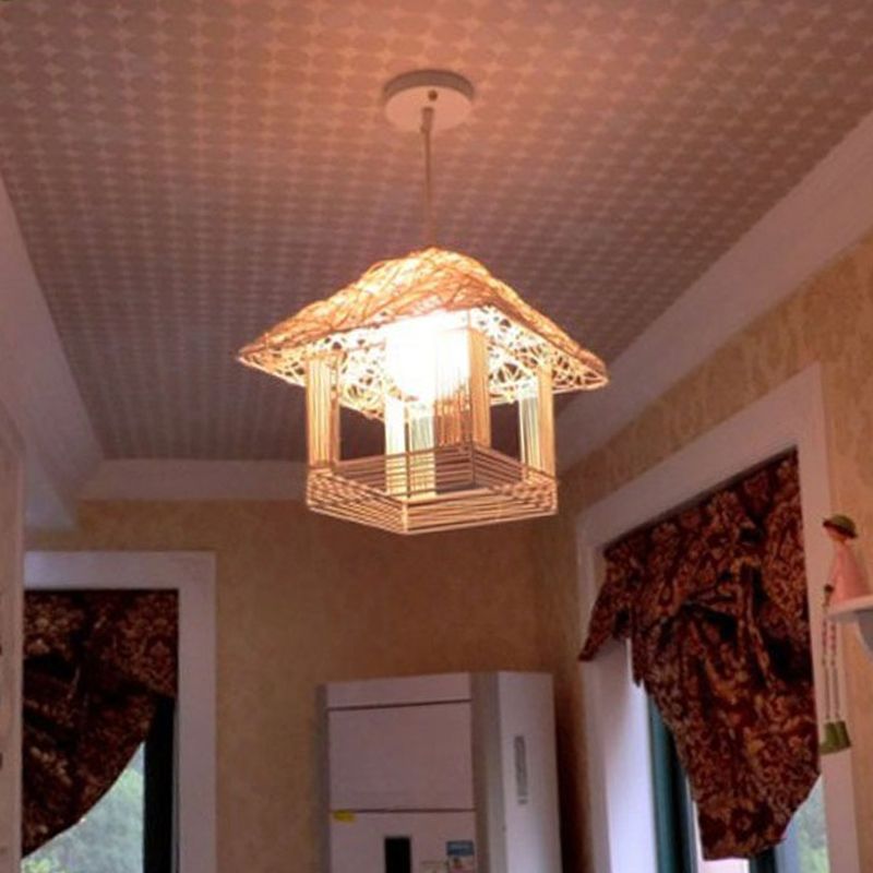 Rattan Weaving House Shaped Pendant Light Single Light Asian Style Bedroom Decorative Hanging Light with 39" Adjustable Cord
