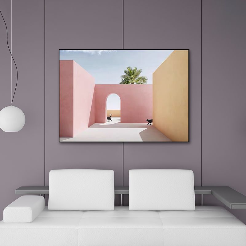 Courtyard Cat Wall Art Print Modern Aesthetic Architecture Canvas Print in Soft Color