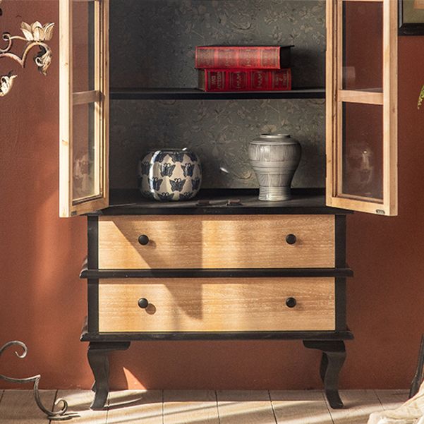 2-Door and 2-Drawer Accent Cabinet 69" Tall Solid Wood Glass Paned Storage Cabinet