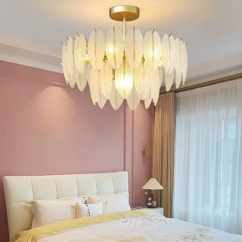 Gold Modern Metal Ceiling Light Feather Shape Island Lamp with Glass Shade for Living Room