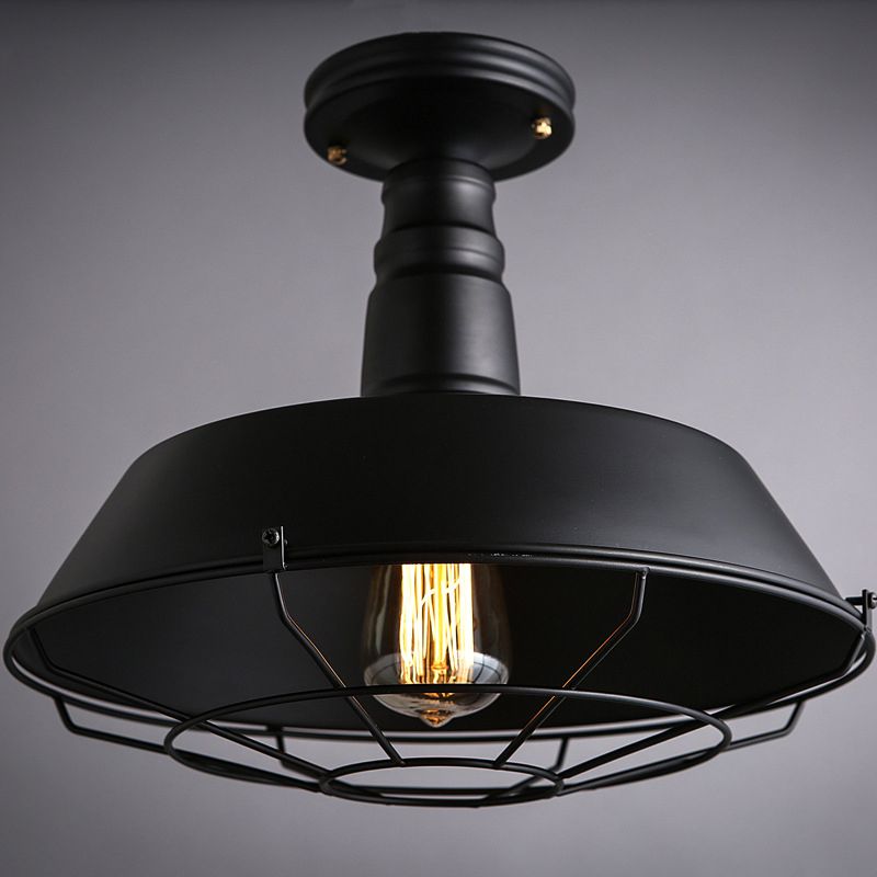 Luminaire semi-encastré industriel en métal noir avec cage, 10"/14" de large