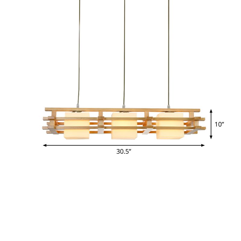 Cube Restaurant Island Light Fixture Blown Glass 3 Bulbs Japanese Ceiling Pendant Light in Wood
