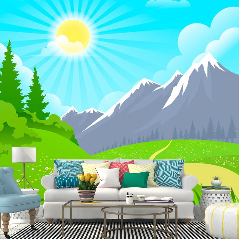 Cartoon Childrens Mural Wallpaper with Early Spring Mountain Pattern Blue-Yellow-Green Wall Art for Daycare