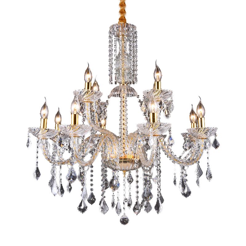 Curved Arm Chandelier Lamp Modern Beveled Crystal 10 Bulbs Living Room Drop Pendant in Brass