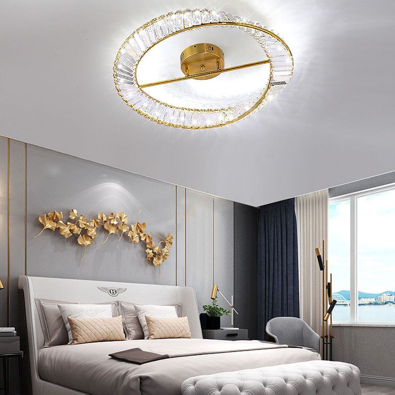 Contemporary Circular Flush Light Crystal 1 Light Flush Mount Ceiling Fixture in Gold