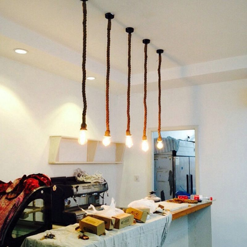 DIY Adjustable Hemp Rope Hanging Light Retro Industrial Single Bare Bulb Lighting Fixture for Bar Counter Farmhouse