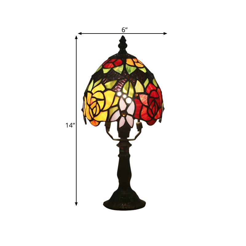 1 Kopf Rosen gemusterte Nachtlampe Barock dunkler Kaffee Buntkunstglas Nachttisch Licht mit Schüssel Schatten