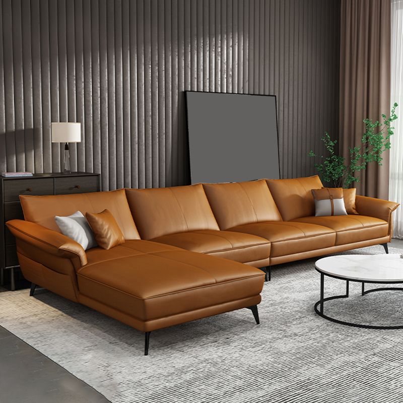 Scandinavian Orange Stain-Resistant Genuine Leather Sofa & Chaise
