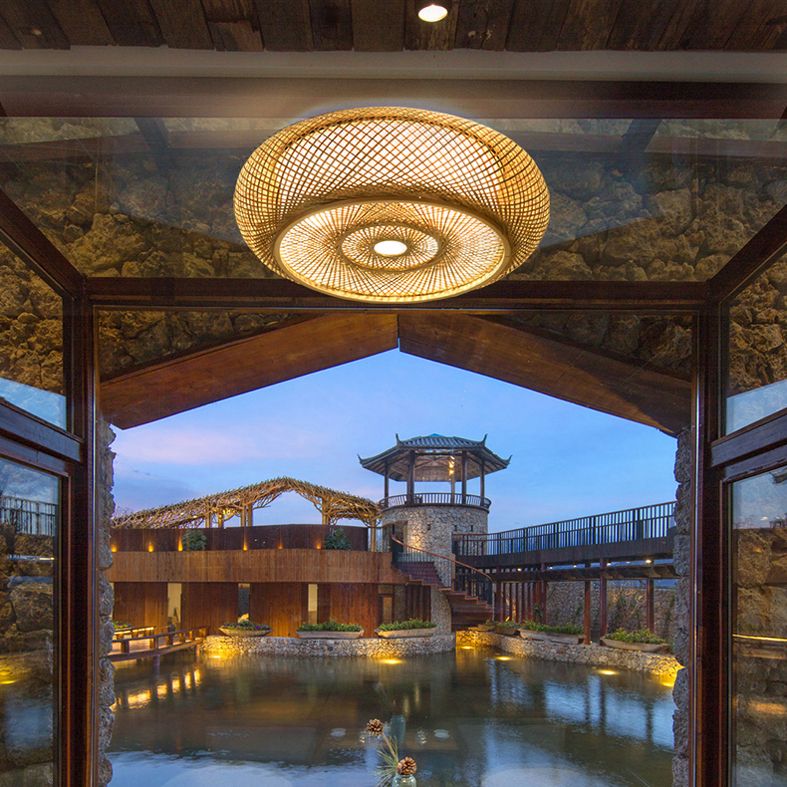 Wooden Circular Ceiling Light in Asian Simplicity Weave Bamboo Flush Mount for Corridor