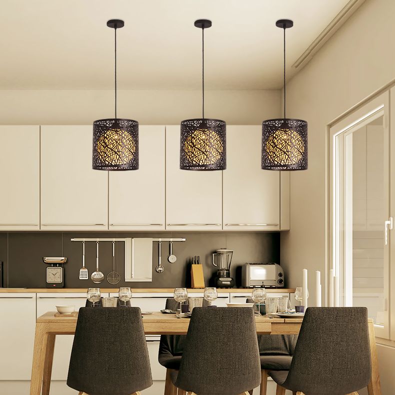 1 Head Cage Suspended Lighting Fixture Retro Metal Black Pendant Lamp for Restaurant