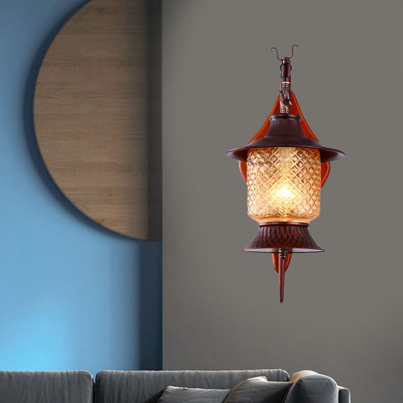 Lantern Living Room Sconce Light Fixture Vintage Tan Gird Glass 1-Light Copper Wall Lighting Fixture with Wood Backplate