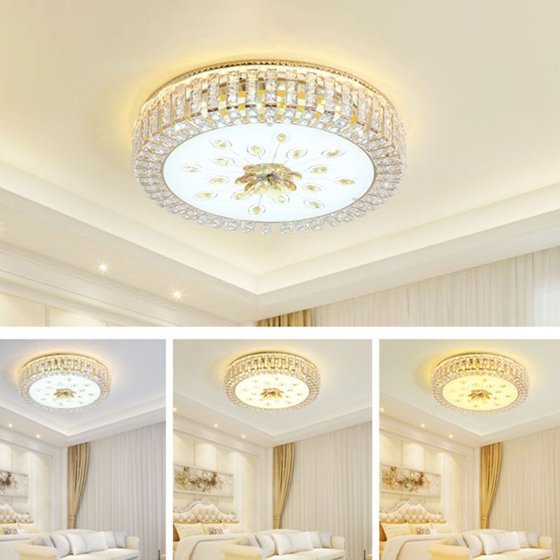 Gold Circular LED Ceiling Light in Modern Luxury Style Crystal Flush Mount with Glass Shade