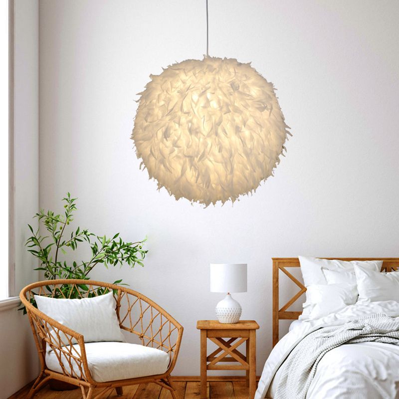 Modern Style Pendant Lighting Fixture White Globe Hanging Lamp with Feather Shade