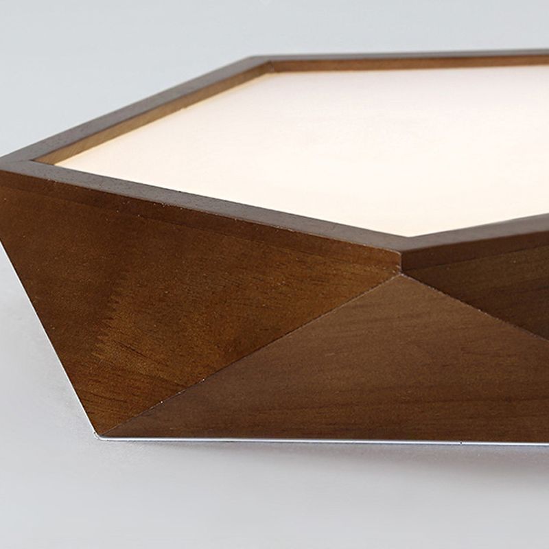 Brown Faceted Pentagon Ceiling Mount Lamp Minimalist 13"/16"/19.5" Wide LED Wooden Flush Lighting