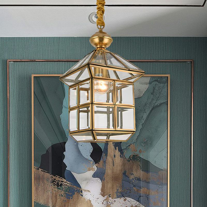 Huisvormige gang hanglamp vintage glas 1 bol messing hangende lamp