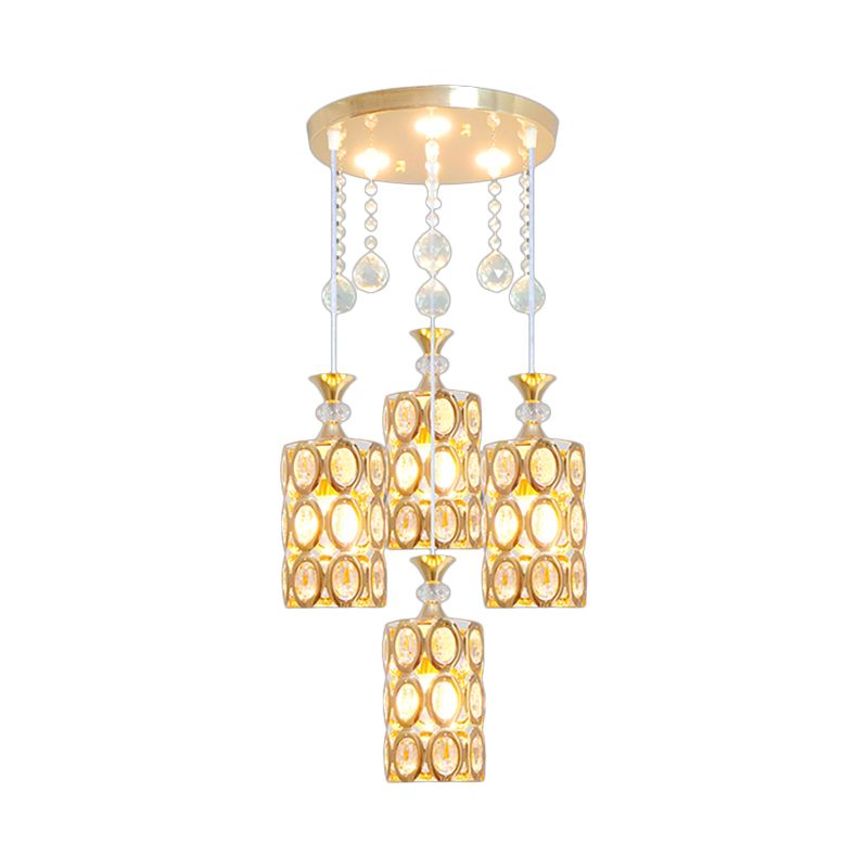 Crystal Encrusted Cylinder Multi-Light Pendant Modernist 4-Light Ceiling Suspension Lamp in Gold