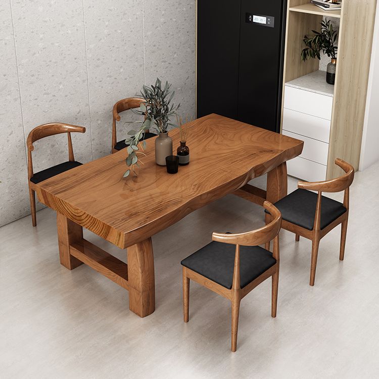 Table à manger de table en bois massif en pin avec piédestal double, en marron