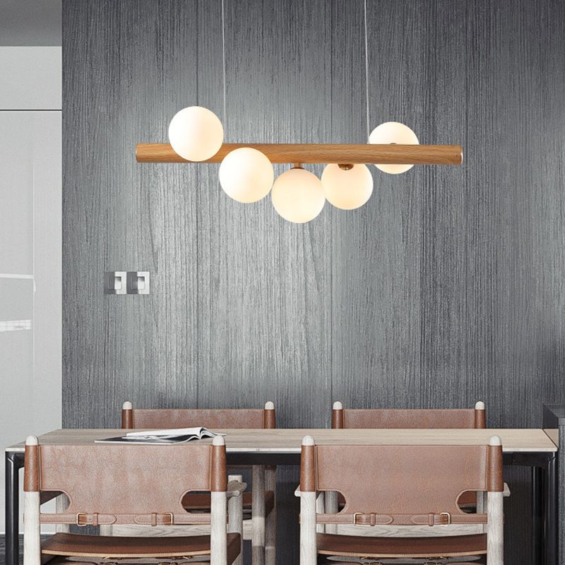 Globe Island Leuchten zeitgenössischer Holz Island Kronleuchter mit weißem Glasschatten