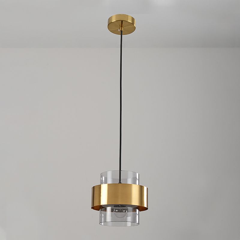 Modern Artistic Cylindrical Pendant Light Electroplate Metal Hanging Lamp with Glass Shade