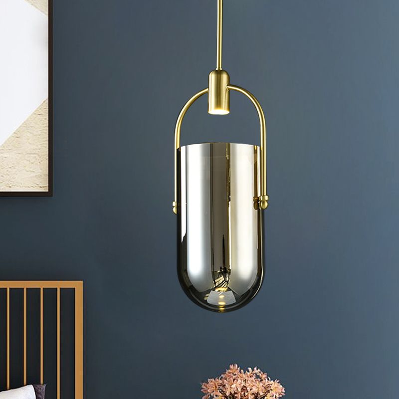 Omgekeerde langwerpige koepel hanger lamp retro nieuwigheid rook grijs glazen glazen messing led hangend licht met handvat