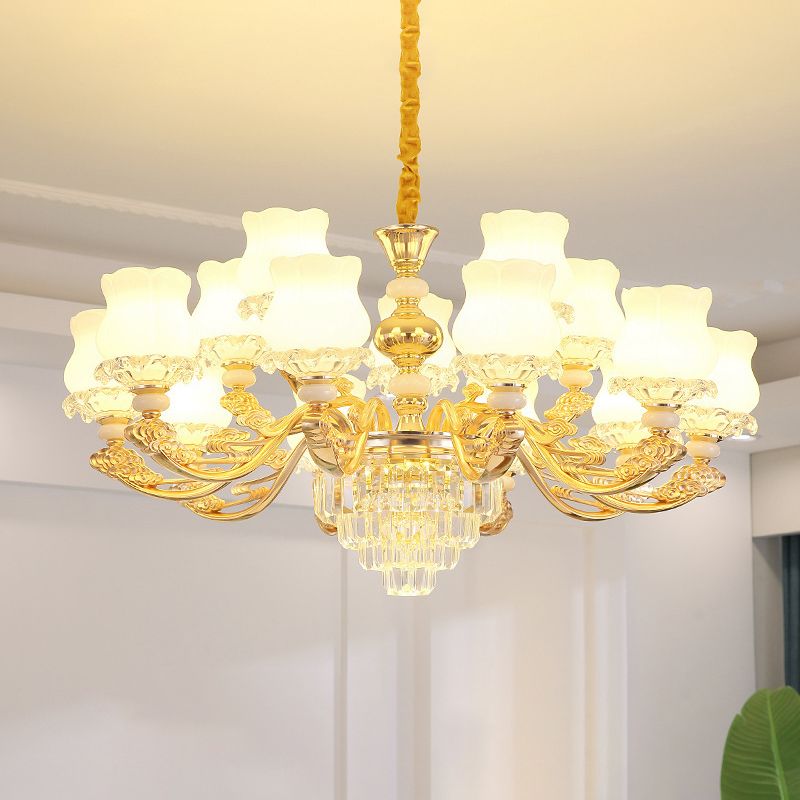 Gold Chandelier Light Retro Opal Glass Bud Pendant Light Fixture with Tiered Crystal Decor