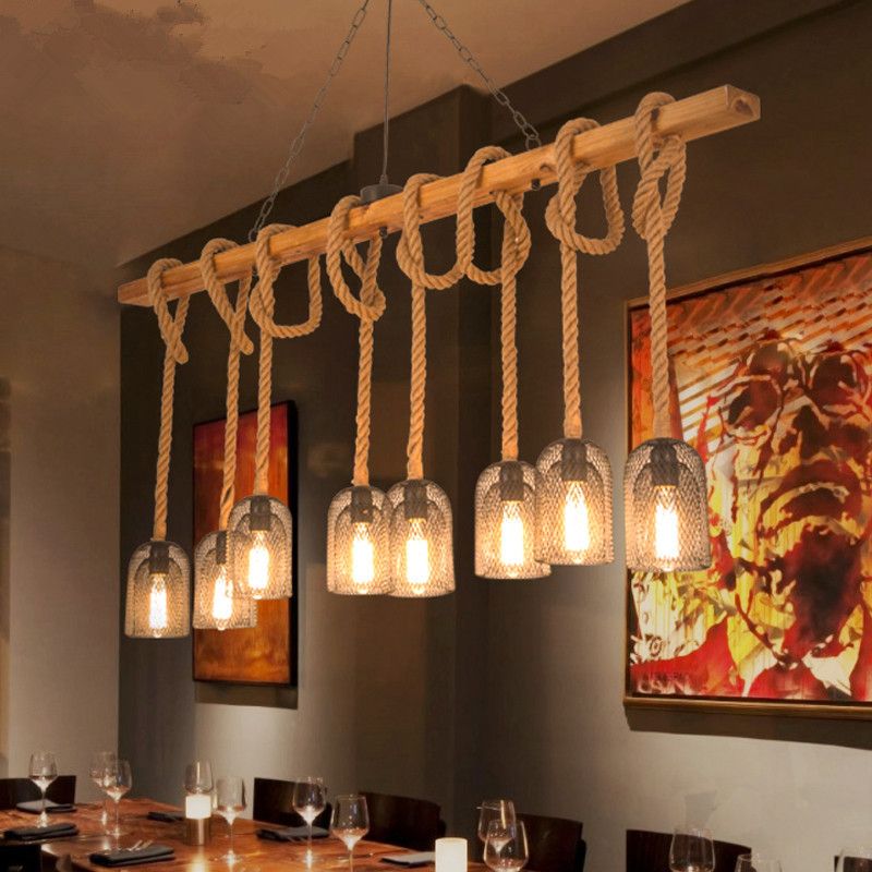 Wooden Linear Island Lamp Rustic Restaurant Suspension Pendant Light with Mesh Cage