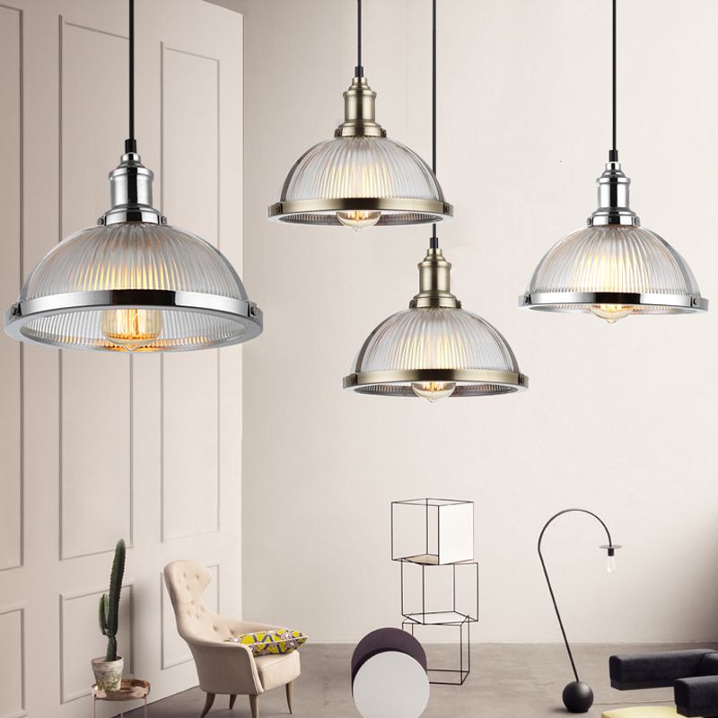 Ribbed Frosted Glass Dome Shade Hanging Light Metal Lamp Holder Bedside Lamp with 59" Adjustable Hanging Cord