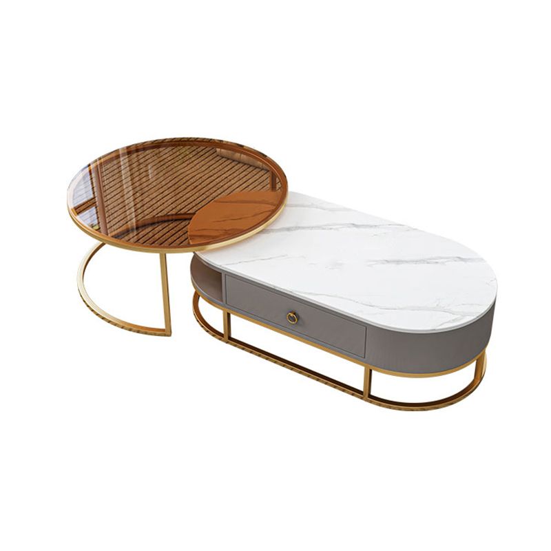 Oval Glass & Slate Coffee Table Set Frame Cocktail Table with Drawers