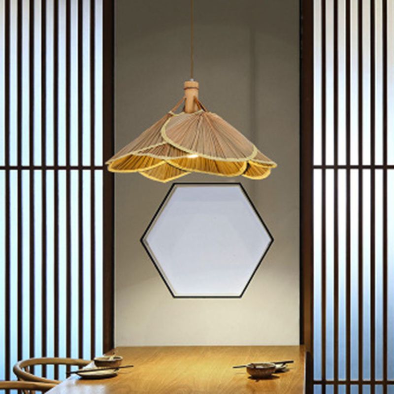 Cattail Fan Bamboo Pendant Light Chinese Style 1-Light Wood Suspension Lighting for Foyer