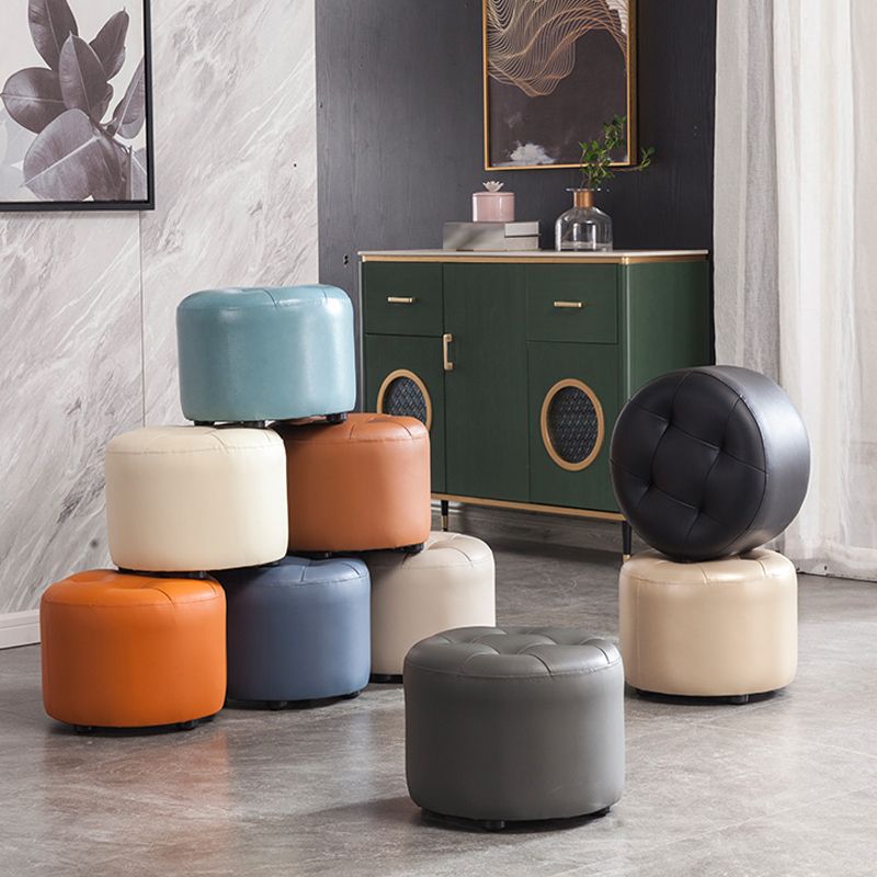 Modern Pouf Ottoman Faux Leather Upholstered Tufted Solid Color Cylinder Shape Ottoman