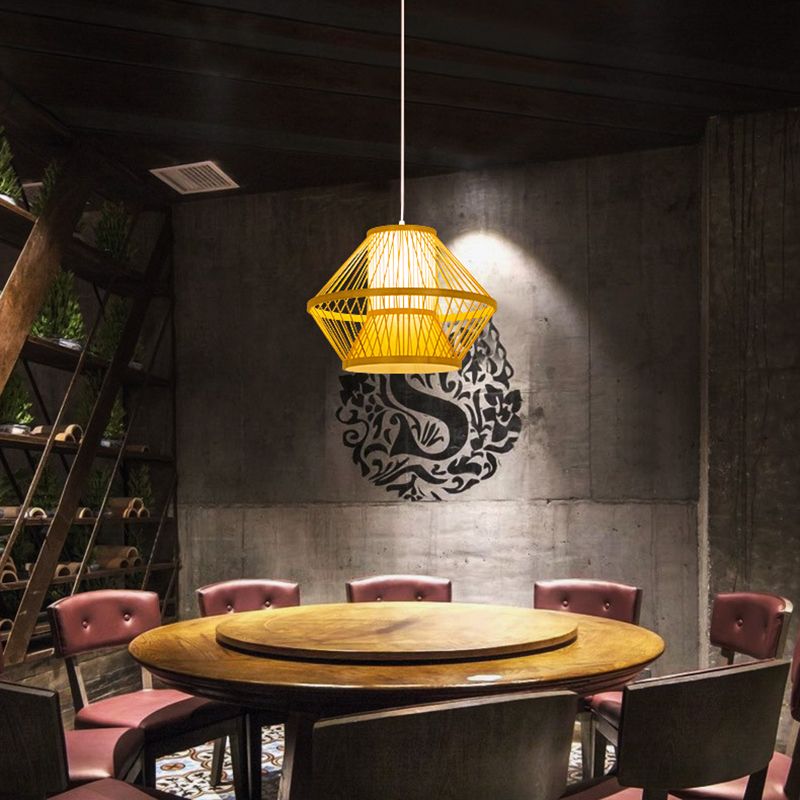 Bamboo Asia Pendant Light 1-Light Beige Geometric Hanging Ceiling Light