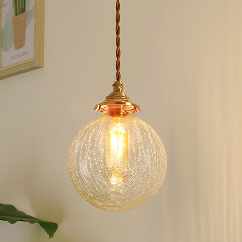 Gold 1-Light Ceiling Lamp Colonial Clear Crackle/Bubble Glass Globe/Oval/Cylinder Suspended Lighting Fixture for Bedroom