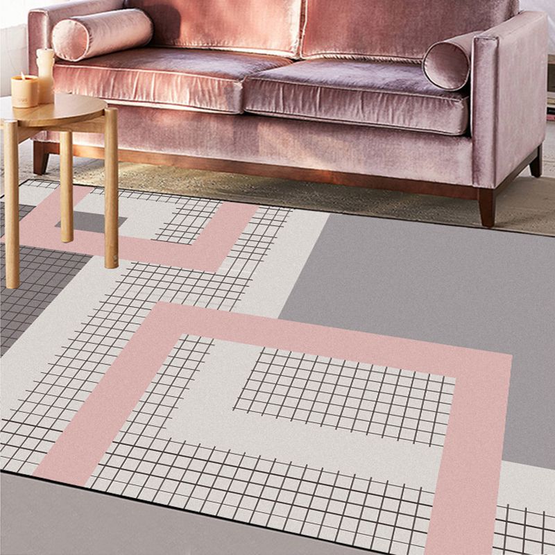 Stylish Pink-Grey Modern Rug Synthetics Geometric Grids Print Carpet Stain Resistant Non-Slip Pet Friendly Rug for Girls Room