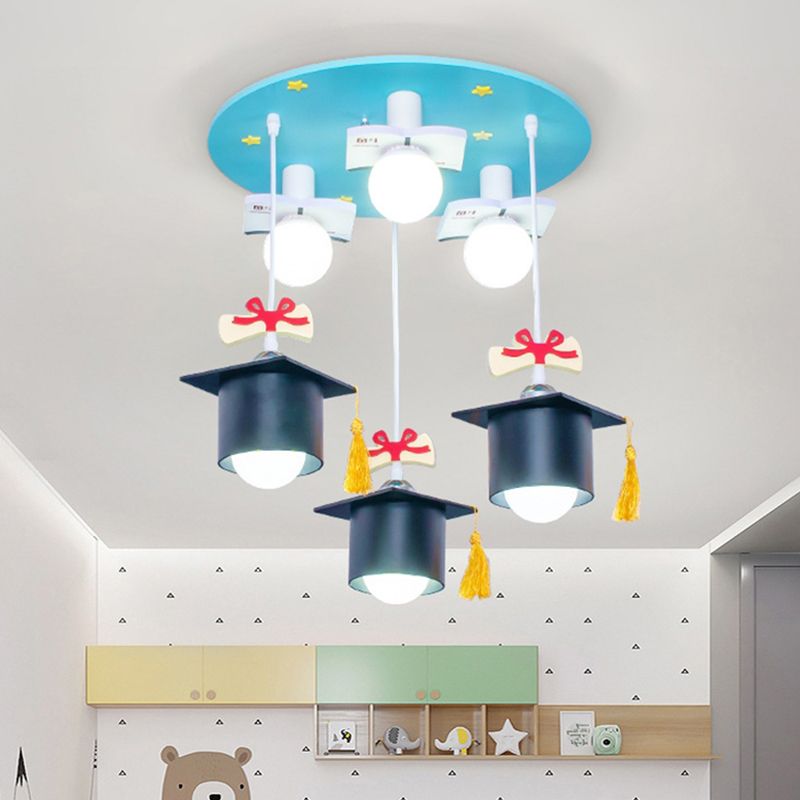 Square Academic Cap Resin Ceiling Light Kids 3 Lights Light-Blue Flush Mounted Lamp for Children Bedroom