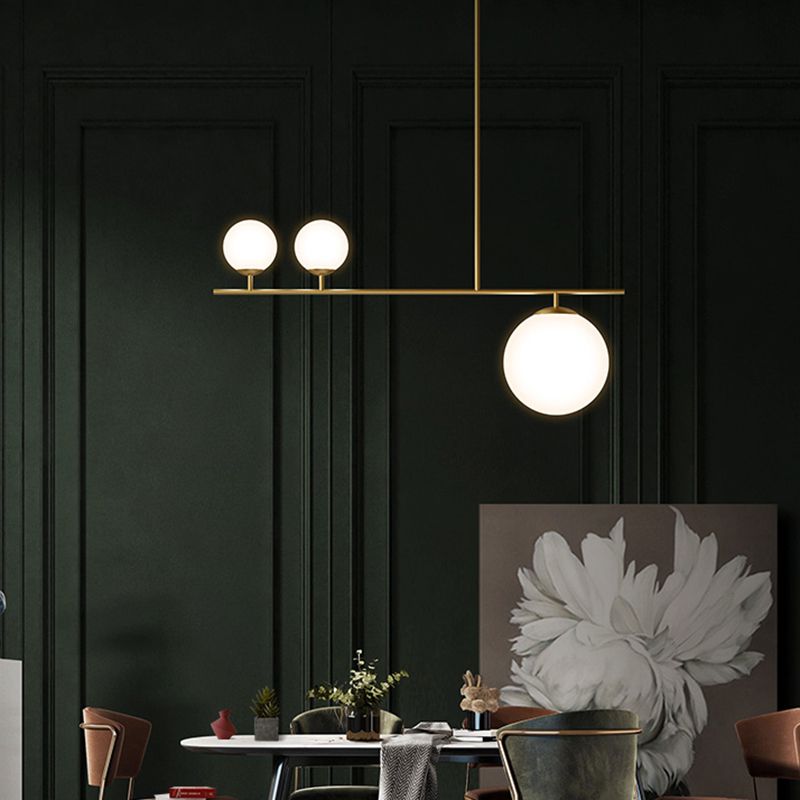 Brass Ball Pendant Light Minimalistic 3-Light Opal Glass Island Lighting for Dining Room