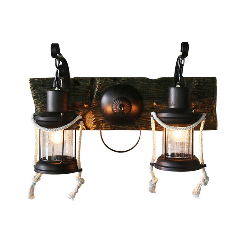 Lantern Clear Glass Wall Lighting Ideas Rustic 2 Bulbs Bar Wall Mount Light in Black