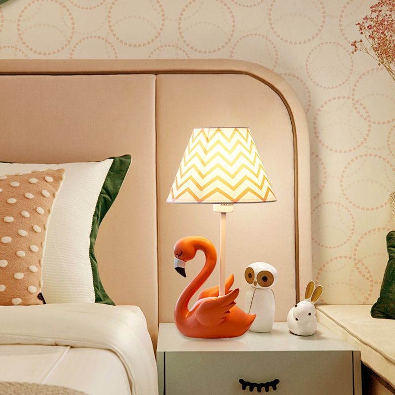 Cone Shade Bedroom Nightstand Lamp Fabric 1 Head Kid Table Lamp with Flamingo Base, Pink