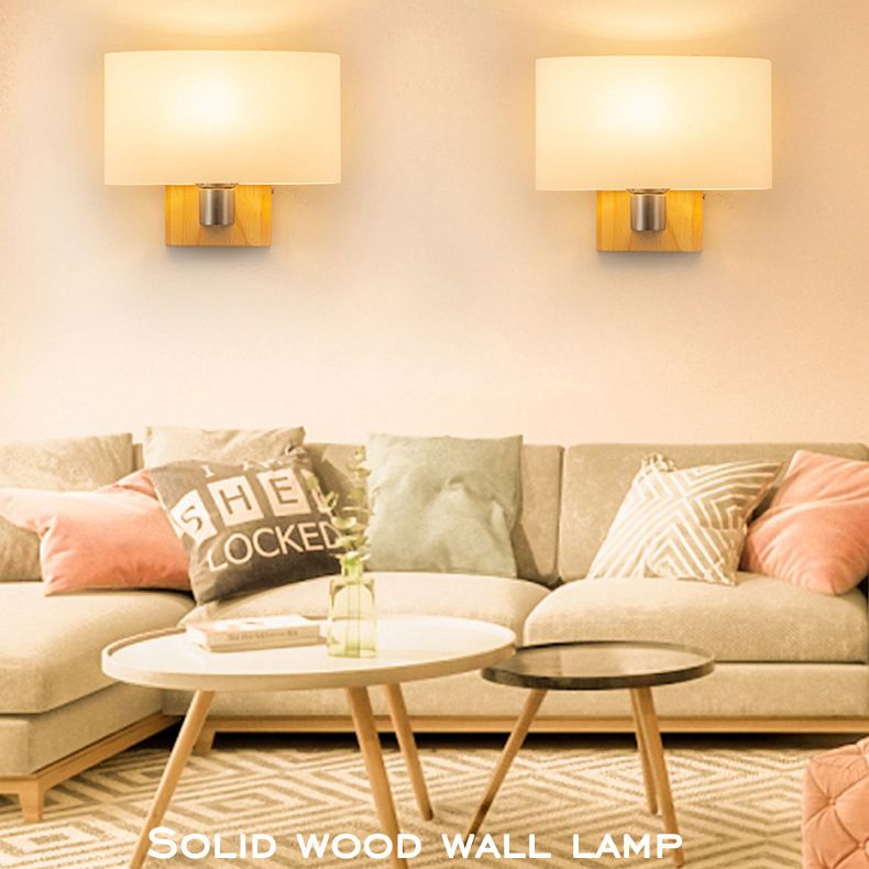 Rectangular Glass Shade Bedroom Wall Lamp Nordic Simplicity Single Bulb Sconce Light with Solid Wooden Base