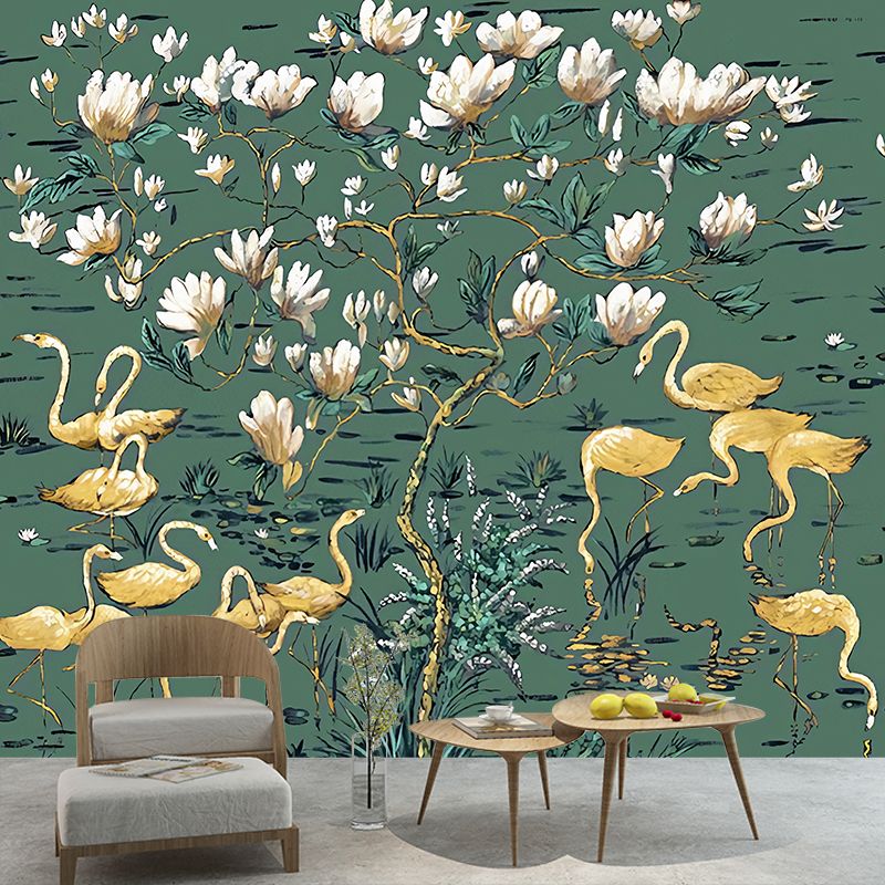 Large Tropix Wall Murals in Dark Color Flamingo and Lotus Pond Pattern Wall Covering, Optional Size