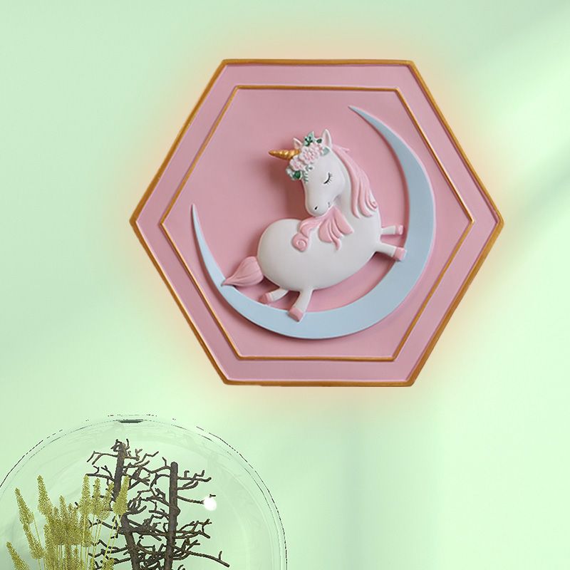 Pink Unicorn Sconce Lighting with Hexagon Design Cartoon LED Resin Pull-Chain Wall Lamp