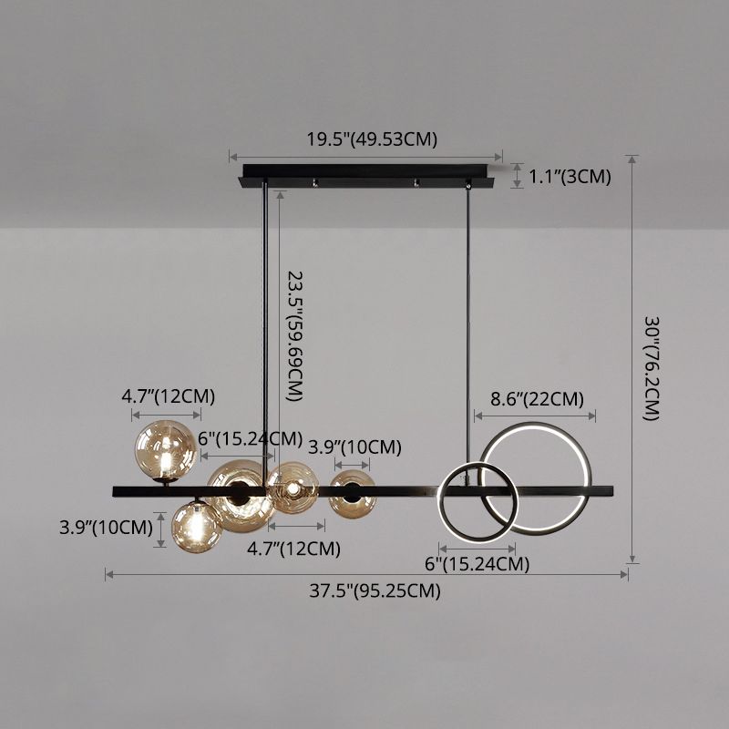 5 Light Modern Black Metal Island Pendant Lighting Spherical Glass Island Ceiling Light for Dining Table