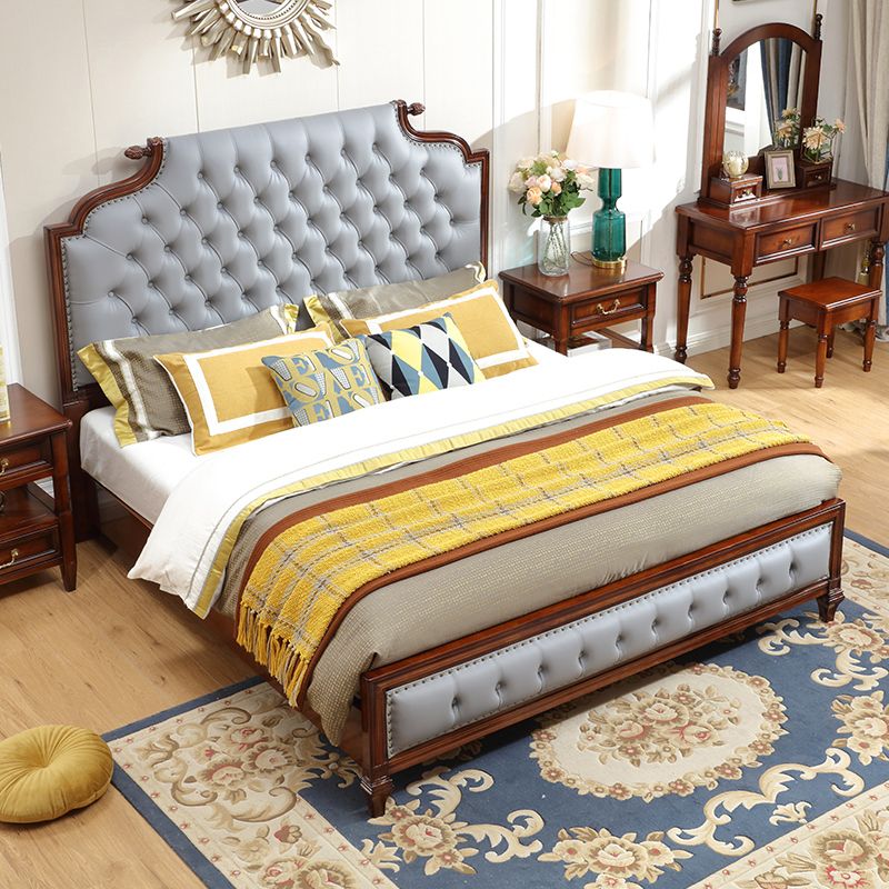 Traditional Brown Panel Bed 57.08" High Oak Bed with Upholstered Headboard